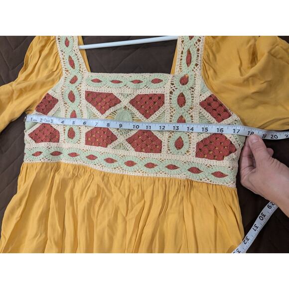 Peasant style slashed sleeves empire-waisted mustard dress w/crochet detailing S - Picture 10 of 13